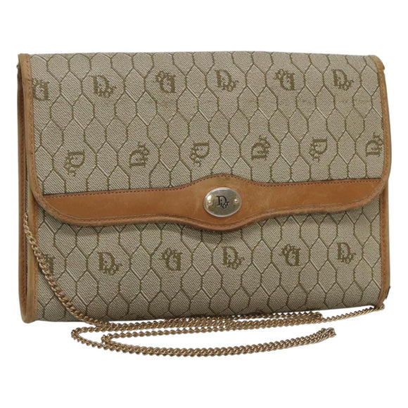 Christian Dior Honeycomb Canvas Chain Shoulder Bag PVC Leather Beige Auth ti2898