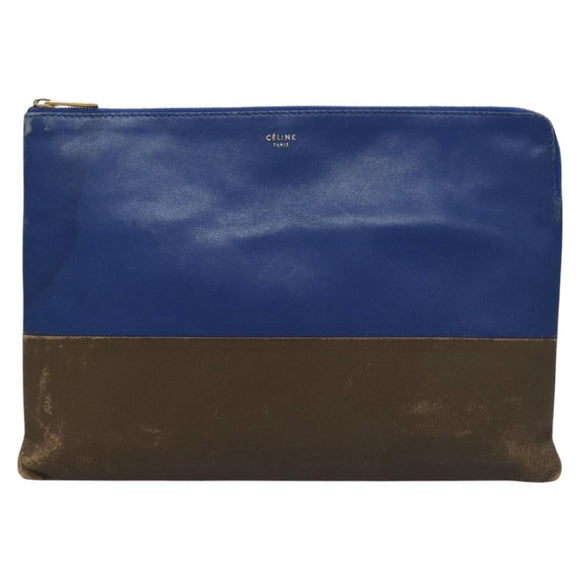 CELINE Pouch Leather Blue Gold Auth ti2920
