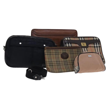 BURBERRY Nova Check Pouch Bag Nylon Canvas 5Set Beige Black Brown Auth ti2927