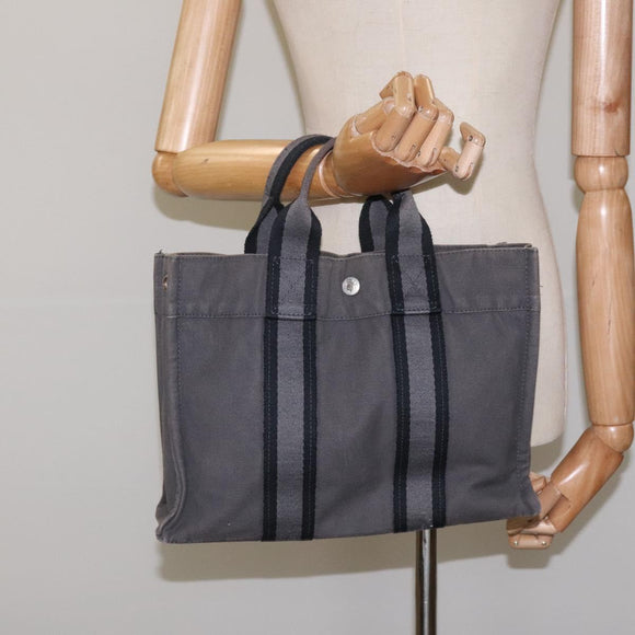 HERMES Fourre Tout PM Hand Bag Canvas Black Gray Silver Auth ti2941