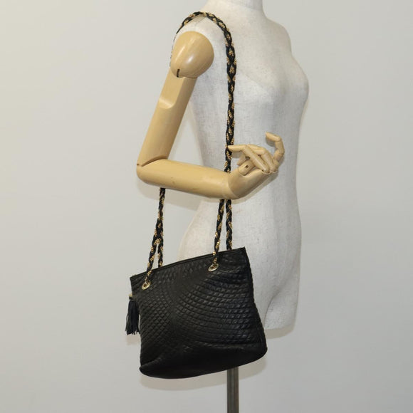 BALLY Chain Shoulder Bag Leather Black Gold Auth ti2944