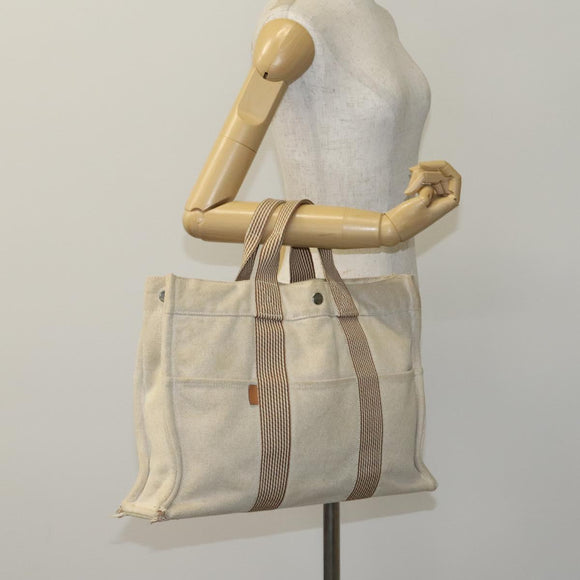 HERMES New Fourre Tout MM Hand Bag Canvas Beige Silver Auth ti2953