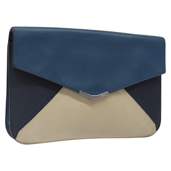 FENDI Clutch Bag Leather Blue Auth ti2970