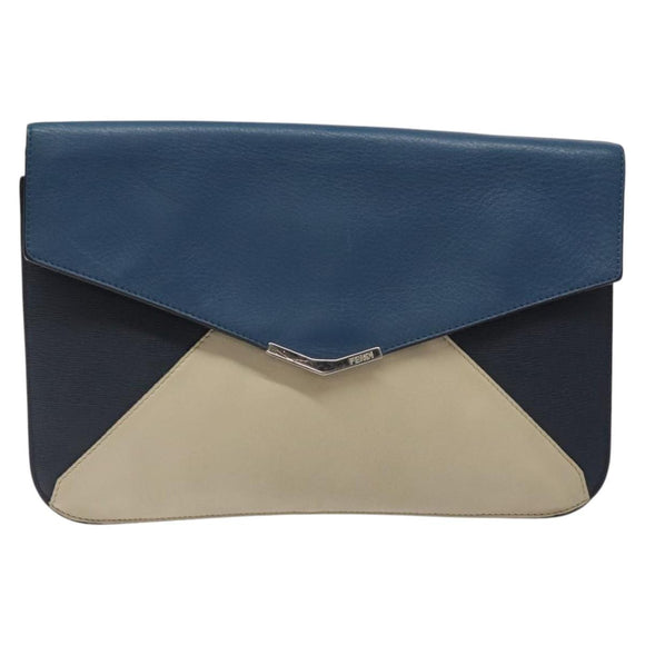 FENDI Clutch Bag Leather Blue Auth ti2970