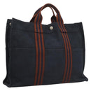 HERMES Fourre Tout MM Hand Bag Canvas Navy Brown Silver Auth ti3010-1