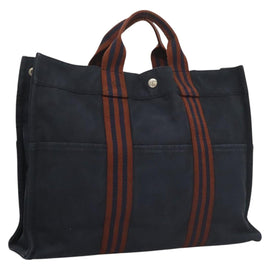 HERMES Fourre Tout MM Hand Bag Canvas Navy Brown Silver Auth ti3010