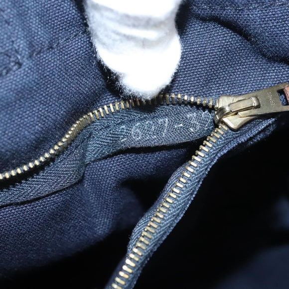 HERMES Fourre Tout MM Hand Bag Canvas Navy Brown Silver Auth ti3010