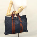 HERMES Fourre Tout MM Hand Bag Canvas Navy Brown Silver Auth ti3010-22