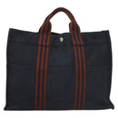HERMES Fourre Tout MM Hand Bag Canvas Navy Brown Silver Auth ti3010-13