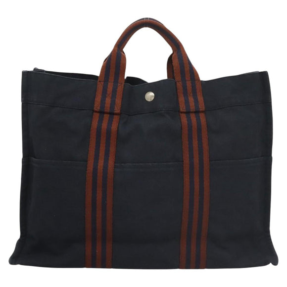 HERMES Fourre Tout MM Hand Bag Canvas Navy Brown Silver Auth ti3010