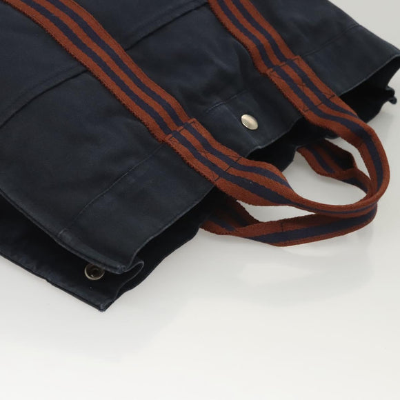 HERMES Fourre Tout MM Hand Bag Canvas Navy Brown Silver Auth ti3010