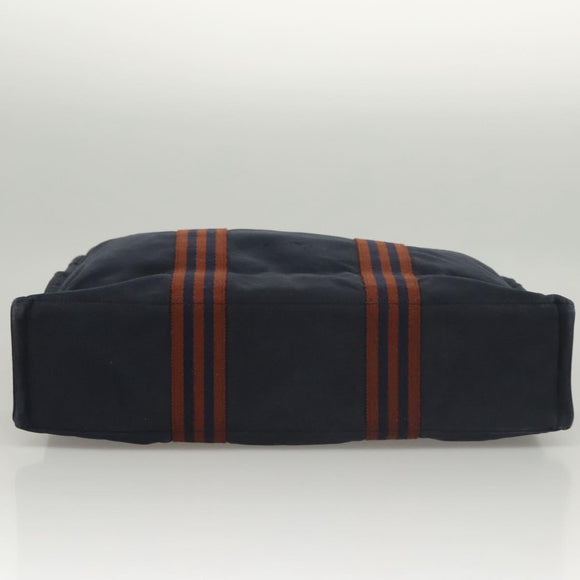 HERMES Fourre Tout MM Hand Bag Canvas Navy Brown Silver Auth ti3010