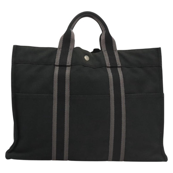HERMES Fourre Tout MM Hand Bag Canvas Black Silver Auth ti3098