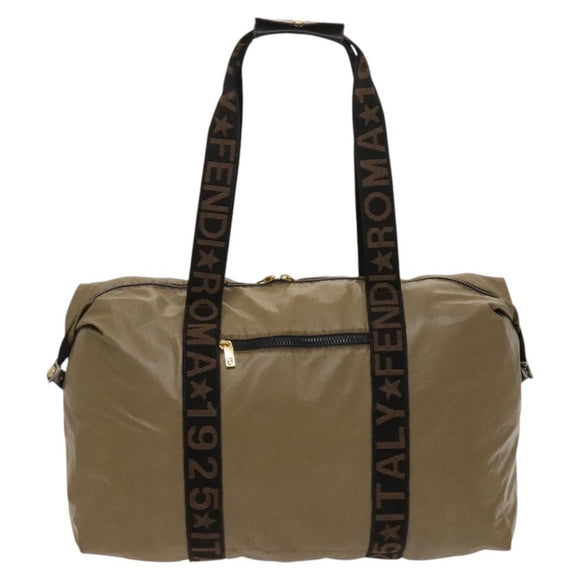 FENDI Boston Bag Nylon Brown Gold Auth ti3112