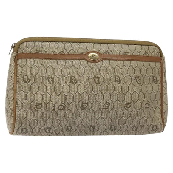 Christian Dior Honeycomb Canvas Clutch Bag PVC Beige Gold Auth ti3116