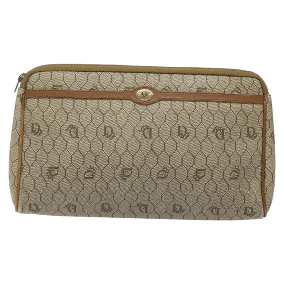 Christian Dior Honeycomb Canvas Clutch Bag PVC Beige Gold Auth ti3116