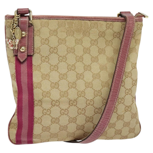 GUCCI GG Canvas Sherry Line Shoulder Bag Beige Gold 144388 Auth ti3136