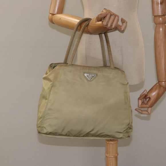 PRADA Hand Bag Nylon Leather Beige Silver Auth ti3143