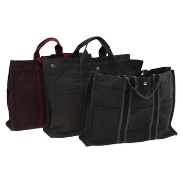HERMES Tote Bag Canvas 3Set Gray Black Red Auth ti3156