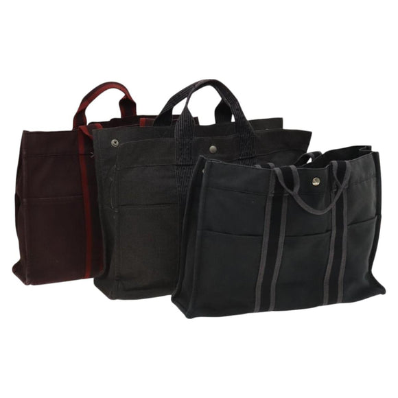 HERMES Tote Bag Canvas 3Set Gray Black Red Auth ti3156