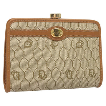 Christian Dior Honeycomb Canvas Gamaguchi Pouch PVC Beige Gold Auth ti3157