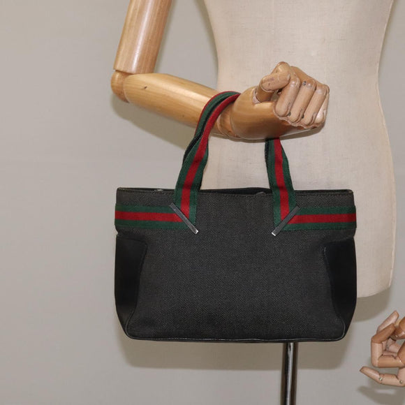 GUCCI Web Sherry Line Hand Bag Canvas Black Silver 73984 Auth ti3159