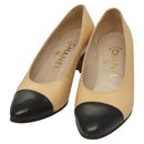 CHANEL High Heels Leather 35 1/2C Beige Black CC Auth ti3167-2