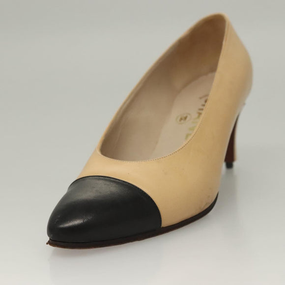 CHANEL High Heels Leather 35 1/2C Beige Black CC Auth ti3167