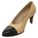 CHANEL High Heels Leather 35 1/2C Beige Black CC Auth ti3167-3
