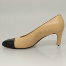 CHANEL High Heels Leather 35 1/2C Beige Black CC Auth ti3167-9