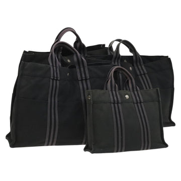 HERMES Hand Bag Canvas 4Set Black Gray Auth ti3190