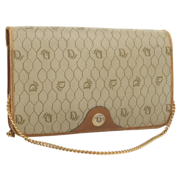 Christian Dior Honeycomb Canvas Chain Shoulder Bag PVC Beige Gold Auth ti3242