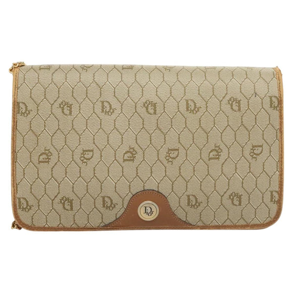 Christian Dior Honeycomb Canvas Chain Shoulder Bag PVC Beige Gold Auth ti3242