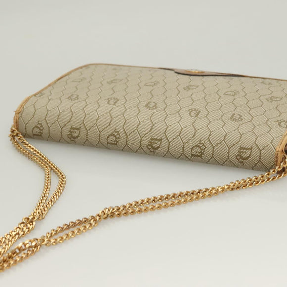 Christian Dior Honeycomb Canvas Chain Shoulder Bag PVC Beige Gold Auth ti3242
