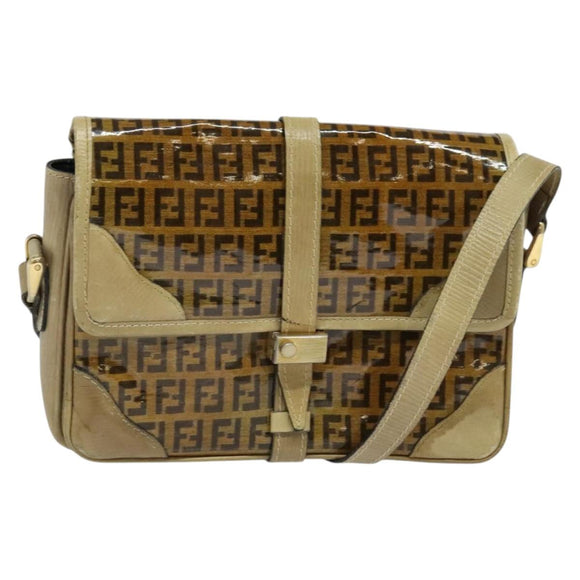 FENDI Zucchino Canvas Shoulder Bag Coated Canvas Beige Gold Auth ti3296