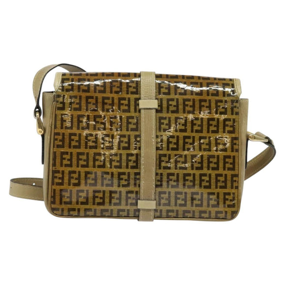 FENDI Zucchino Canvas Shoulder Bag Coated Canvas Beige Gold Auth ti3296