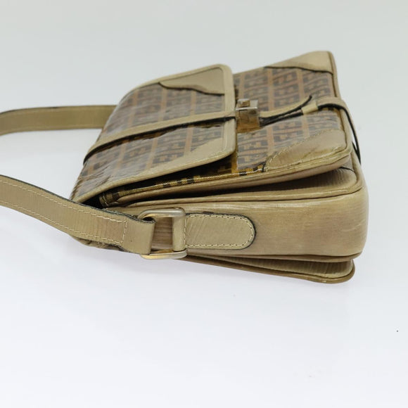 FENDI Zucchino Canvas Shoulder Bag Coated Canvas Beige Gold Auth ti3296