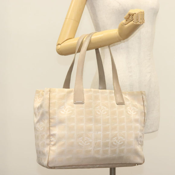 CHANEL New Travel Line Tote Bag Nylon Beige Gold CC Auth ti3357