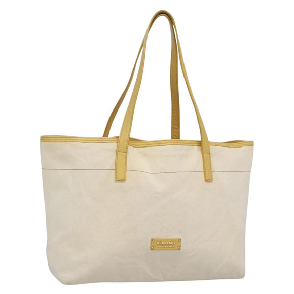 BURBERRY Tote Bag Canvas Leather White Yellow gold Auth ti3365