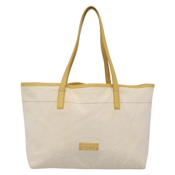 BURBERRY Tote Bag Canvas Leather White Yellow gold Auth ti3365