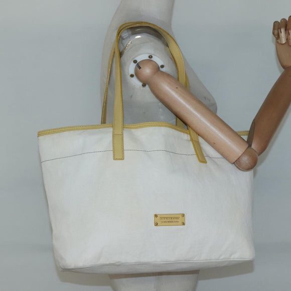 BURBERRY Tote Bag Canvas Leather White Yellow gold Auth ti3365