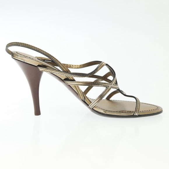 LOUIS VUITTON Mule High Heels Leather 36 1/2 Gold LV Auth ti3381