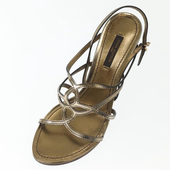 LOUIS VUITTON Mule High Heels Leather 36 1/2 Gold LV Auth ti3381