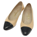 CHANEL Pumps High heels Leather Beige CC Auth ti3387-1