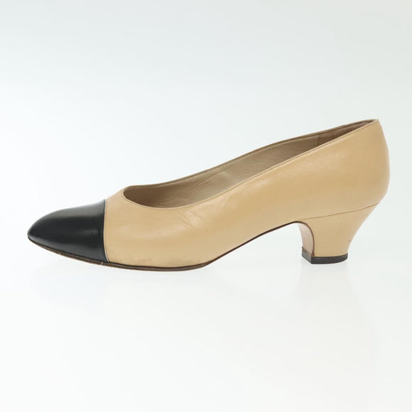 CHANEL Pumps High heels Leather Beige CC Auth ti3387