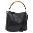 GUCCI Bamboo Hand Bag Leather 2way Black Gold 001 1705 1638 Auth ti3391-1