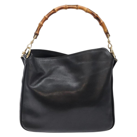 GUCCI Bamboo Hand Bag Leather 2way Black Gold 001 1705 1638 Auth ti3391