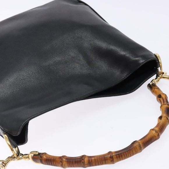GUCCI Bamboo Hand Bag Leather 2way Black Gold 001 1705 1638 Auth ti3391