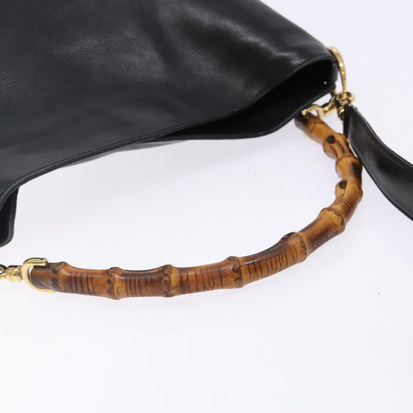 GUCCI Bamboo Hand Bag Leather 2way Black Gold 001 1705 1638 Auth ti3391