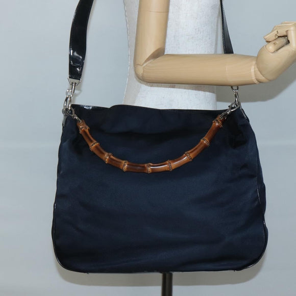GUCCI Bamboo Hand Bag Nylon 2way Black Silver 001 1705 1577 Auth ti3394